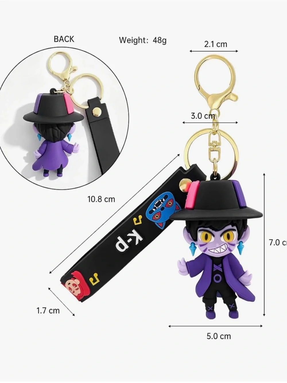 Kids Purple Cartoon Character Keychain with Black Strap and Gold Hardware